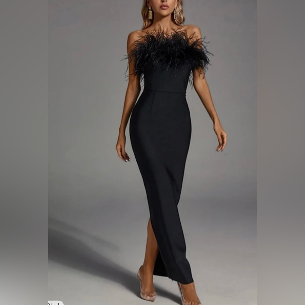 Elegant Strapless Black Feather Gown